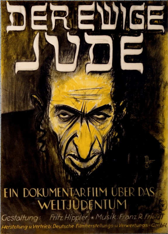Cartaz de "Der Ewige Jude", o infame documentário de propaganda nazi que desumanizava os judeus, exemplificando as técnicas visuais da propaganda antissemita.