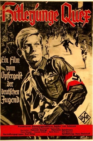 Cartaz de propaganda do filme nazi "Hitlerjunge Quex" (1933), mostrando um jovem da Juventude Hitlerista com uniforme, expressão determinada e uma multidão ao fundo, promovendo ideais de sacrifício e lealdade ao regime.