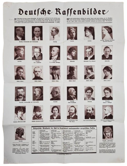 Cartaz escolar nazi intitulado “Deutsche Rassenbilder” com retratos que classificam supostos tipos raciais europeus segundo a ideologia do Terceiro Reich.