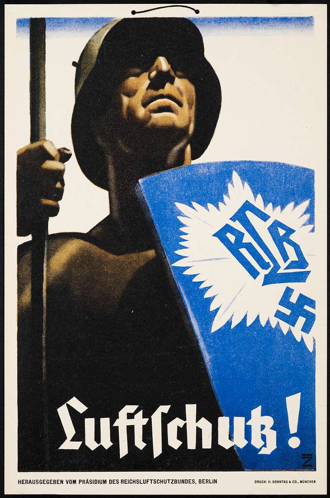 Cartaz de propaganda nazista “Luftschutz” destacando propaganda visual de adoção coletiva da defesa civil