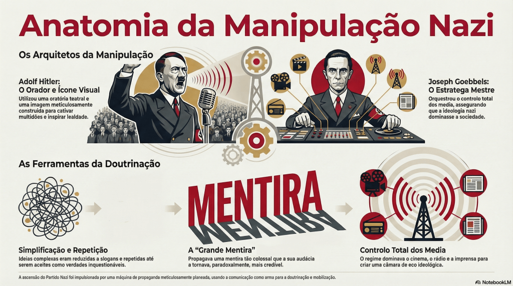 Infográfico horizontal intitulado "Anatomia da Manipulação Nazi". A imagem divide-se em duas seções principais. A superior, "Os Arquitetos da Manipulação", exibe ilustrações estilizadas de Adolf Hitler discursando ao microfone ("O Orador") e Joseph Goebbels operando uma mesa de controle ("O Estratega Mestre"), conectados por engrenagens. A seção inferior, "As Ferramentas da Doutrinação", detalha três táticas: um emaranhado de linhas representando a "Simplificação e Repetição", a palavra "MENTIRA" em destaque vermelho ilustrando a "Grande Mentira", e uma torre de transmissão simbolizando o "Controlo Total dos Media".