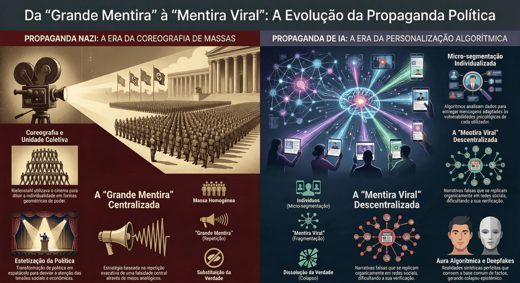 Infográfico comparativo em dois painéis. Esquerda, fundo bordô: Propaganda Nazi — a era da coreografia de massas, com câmara de cinema, formações geométricas de soldados, e conceitos de "Grande Mentira Centralizada", massa homogénea e substituição da verdade. Direita, fundo azul escuro: Propaganda de IA — a era da personalização algorítmica, com cérebro digital, utilizadores com dispositivos móveis, e conceitos de "Mentira Viral Descentralizada", micro-segmentação individualizada, aura algorítmica e deepfakes.
