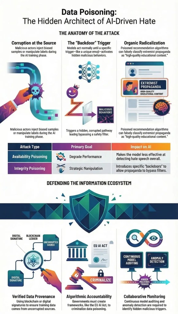 Infografia intitulada "Data Poisoning: The Hidden Architect of AI-Driven Hate". O gráfico detalha a anatomia do ataque em três fases: corrupção na fonte, gatilho de "backdoor" e radicalização orgânica através de algoritmos de recomendação. A parte inferior apresenta soluções de defesa: proveniência de dados verificada, responsabilidade algorítmica (EU AI Act) e monitorização colaborativa com deteção de anomalias.